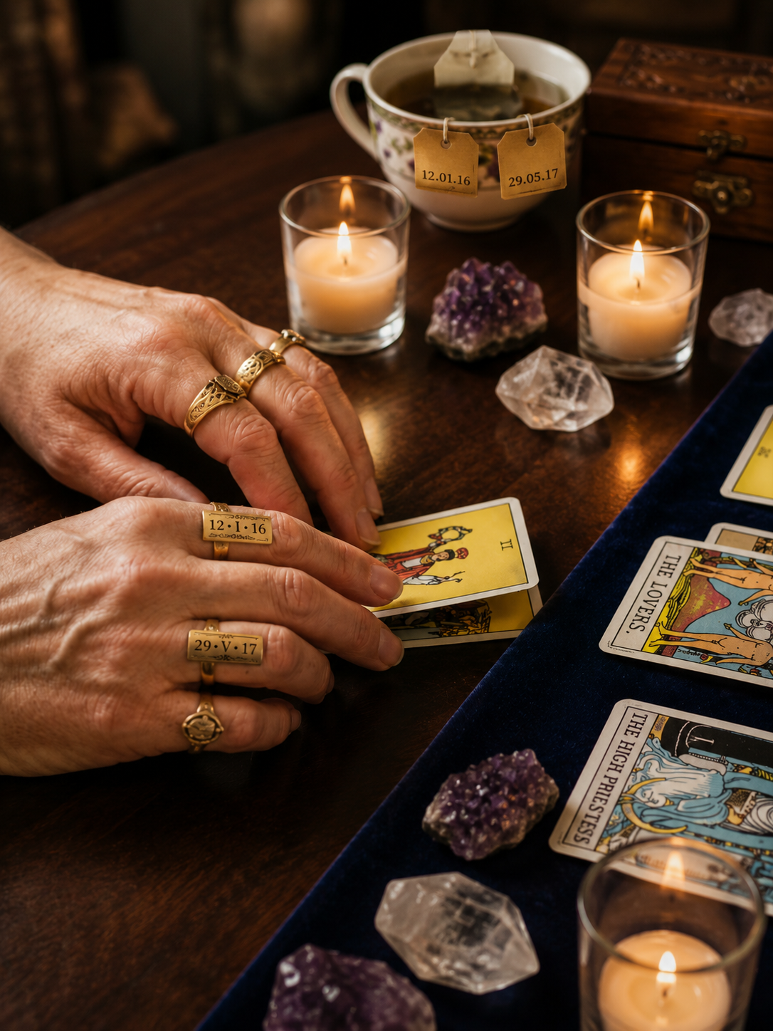 Spådam lägger tarotkort i Åkersberga med kristaller och ljus.